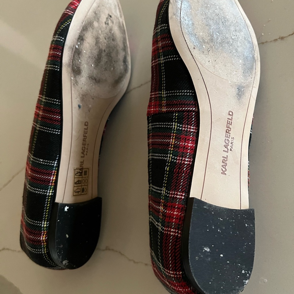 Karl Lagerfeld Black and Red Plaid Heels with Embellishments - Picture 6 of 6